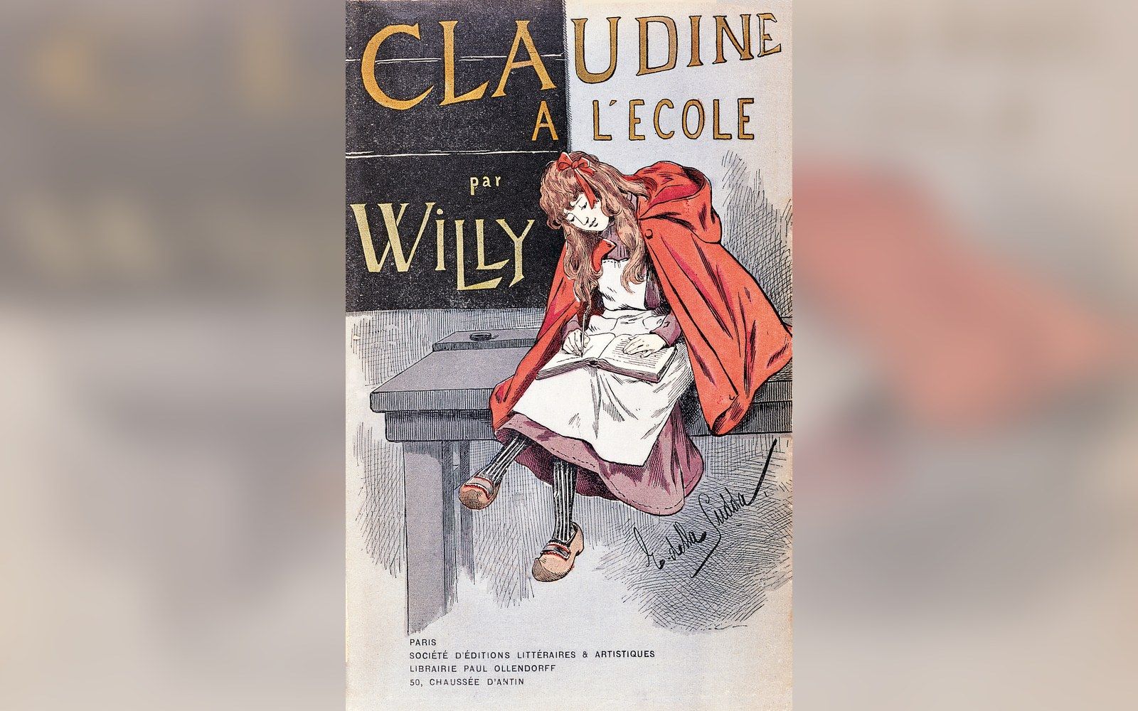 Book cover illustration of "Claudine à l'école" showing a schoolgirl in a red cape seated on a desk