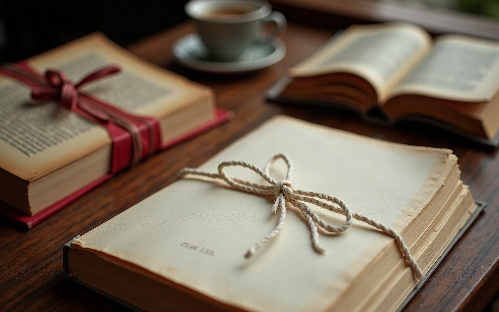 Old books tied with string and ribbon on a wooden table beside a coffee cup